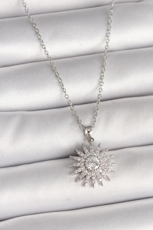 316L Çelik Gümüş Renk Zincir Zirkon Taşlı Güneş Model Kadın Kolye NS1803