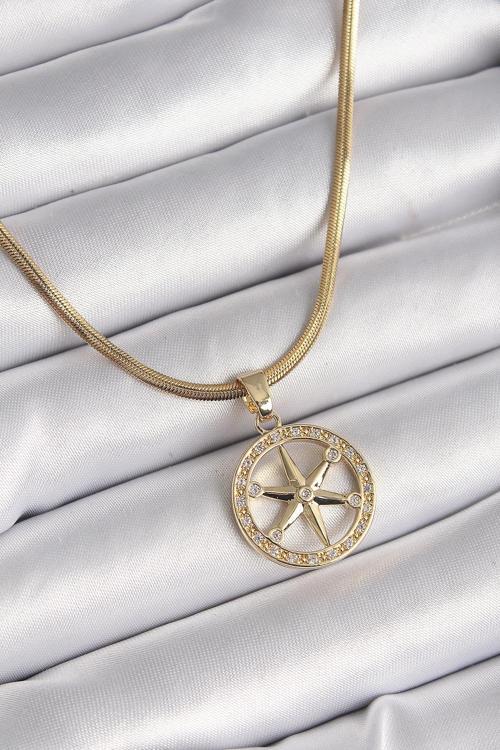 316L Çelik Gold Renk İtalyan Zincir Zirkon Taşlı Kutup Yıldız Model Kadın Kolye NS2754
