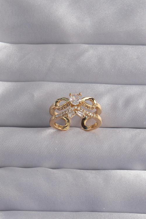 Pirinç Ayarlamalı Gold Renk Zirkon Taşlı 2li Görünüm Fiyonk Yüzük NS3424