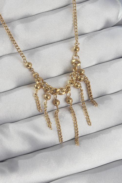 316L Çelik Zincir Gold Renk Topçuk Detay Sallantılı Zincir Kolye NS3799