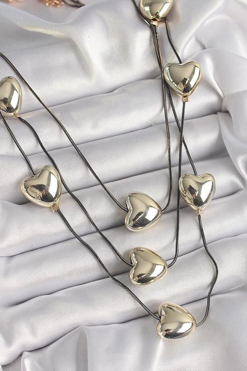 Pirinç Füme Renk Zincir 3D Gold Renk Kalp Model Kadın Kolye NS2625