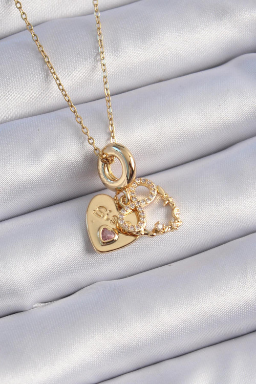 316L Çelik Gold Renk Zirkon Taşlı Sonsuzluk Kalp Figür Charm Model Kadın Kolye NS3248