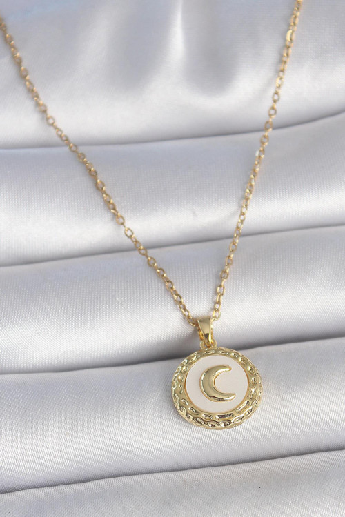 316L Çelik Gold Renk Zincir Beyaz Mineli Hilal İşlemeli Madalyon Model Kadın Kolye NS1754