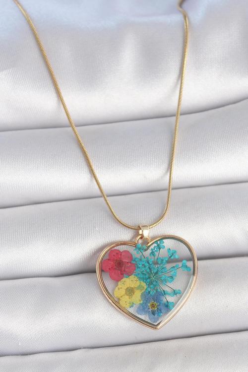 316L Çelik Gold Renk Zincir Kalp Epoksi Renkli Çiçek Model Kadın Kolye NS1609