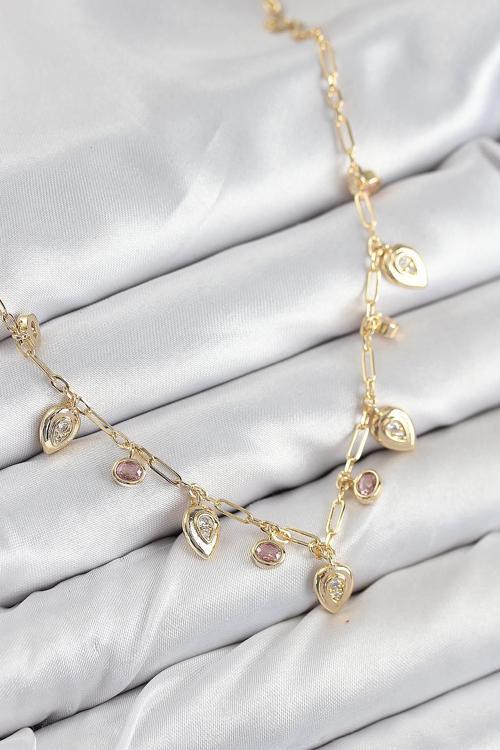 Pirinç Zirkon Taşlı Sallantılı Damla Model Gold Renk Kadın Kolye NS0016