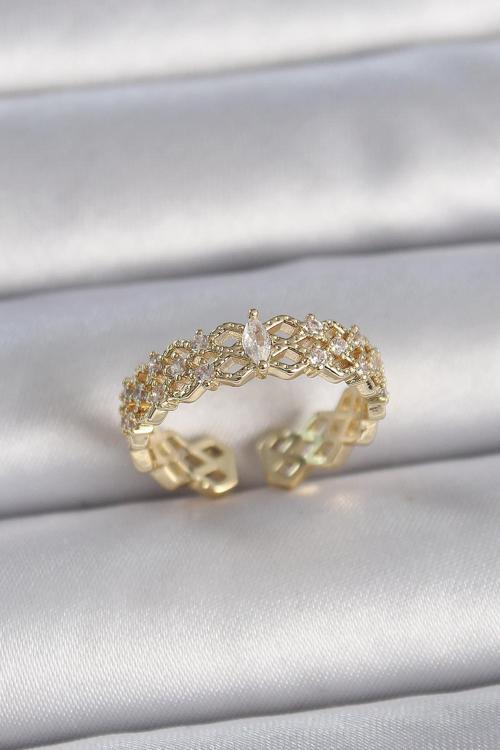Pirinç Gold Renk Zirkon Taşlı Zikzak Ayarlanabilir Model Kadın Yüzük NS3030