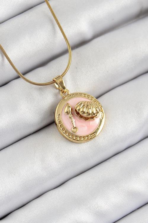 316L Çelik Zincir Pembe Mineli Sanatsal Portre İstiridye Model Gold Renk Kadın Kolye NS1388