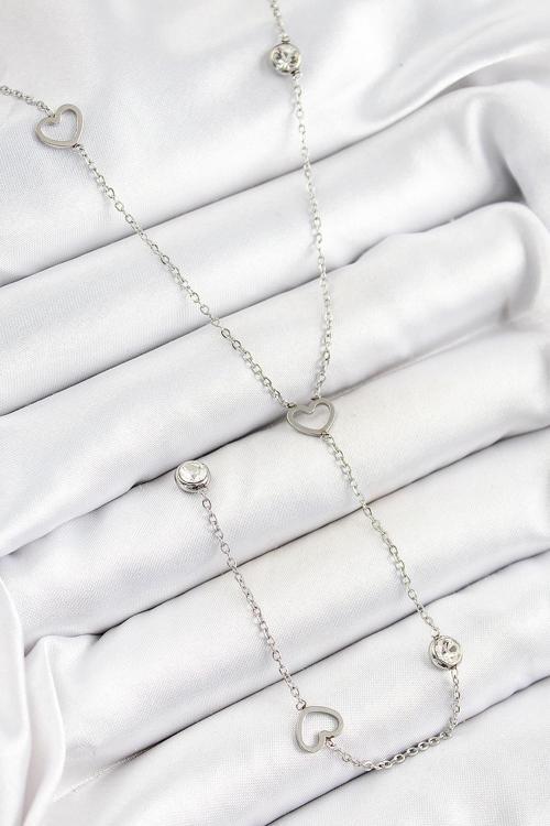 316L Çelik Zirkon Taşlı Kalp Figürlü Y Model Gümüş Renk Kadın Kolye NS1062