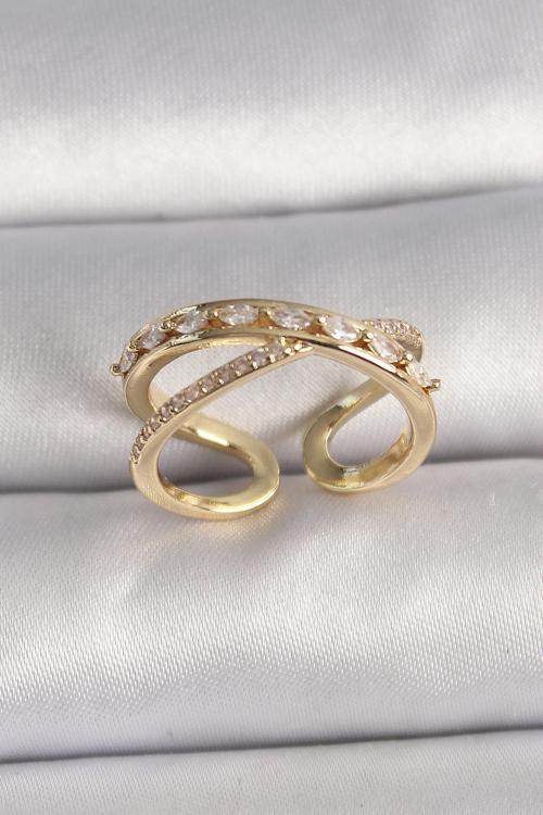 Pirinç Gold Renk Zirkon Taşlı Ayarlanabilir Kadın Yüzük NS2425