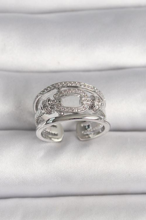 Pirinç Gümüş Renk Ayarlanabilir Zirkon Taşlı Gemici Düğüm Model Kadın Yüzük NS2390