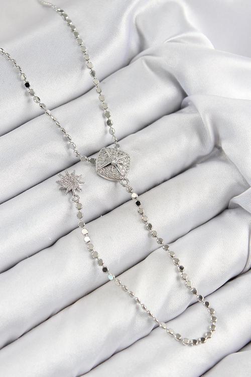 Pirinç Zirkon Taşlı Ezme Zincirli Madalyon Model Gümüş Renk Y Kolye NS0381