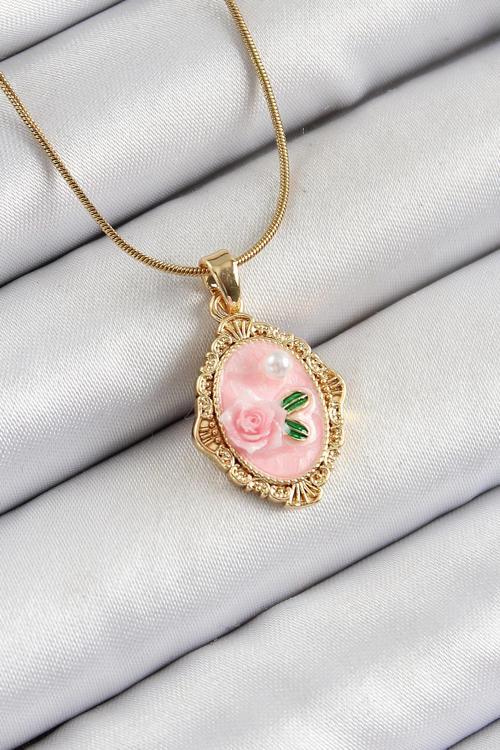 316L Çelik Zincir Pembe Sanatsal Portre İnci Detaylı Gül Figürlü Model Gold Renk Kadın Kolye NS1395