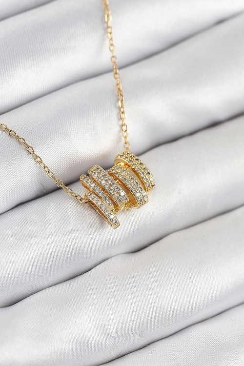 316L Çelik Zirkon Taşlı Sarmal Model Gold Renk Kadın Kolye NS0061
