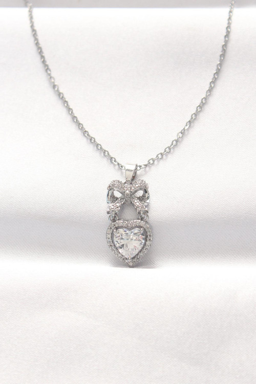 316L Çelik Silver Renk Zirkon Taşlı Kalpli Fiyonk Kolye NS4016