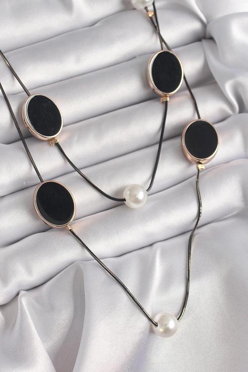 Pirinç Siyah Renk Zincir İnci Detaylı Çoklu Kadın Kolye NS2628