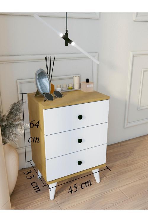 Komodin Parlak Beyaz Marbella 3 Çekmeceli Modern Komodin Yatak Odası