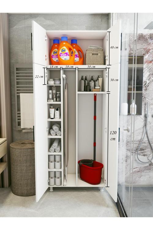 Çok Amaçlı Dolap Beyaz Banyo Düzenleyici Kiler Dolabı Kova Süpürge Paspas Deterjan Dolabı Büyük Boy