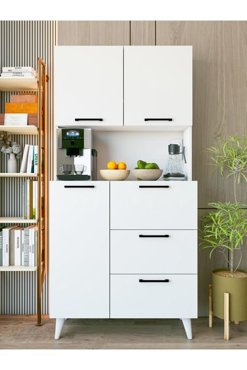 Çok Amaçlı Dolap Parlak Beyaz Kahve Köşesi 6 Kapaklı Mutfak Dolabı Fırın Raflı Dolap