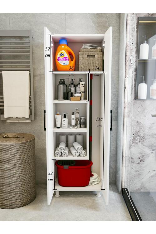 Çok Amaçlı Dolap Beyaz Banyo Düzenleyici Kiler Dolabı Kova Süpürge Paspas Deterjan Dolabı Küçük Boy