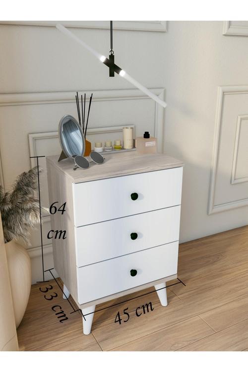 Komodin Parlak Beyaz Cordoba 3 Çekmeceli Modern Komodin Yatak Odası