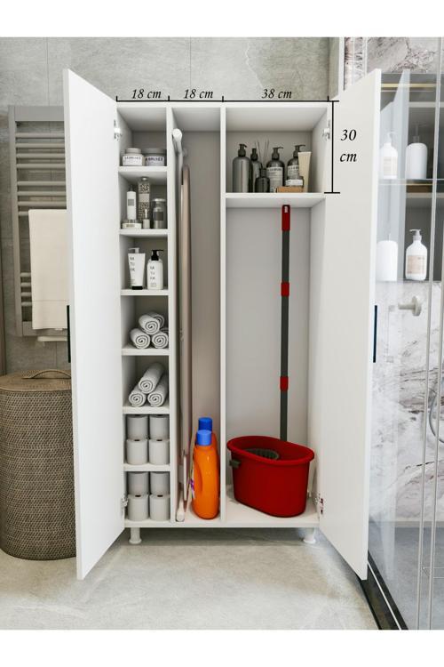 Çok Amaçlı Dolap Beyaz Banyo Düzenleyici Kiler Dolabı Kova Süpürge Paspas Deterjan Dolabı Orta Boy