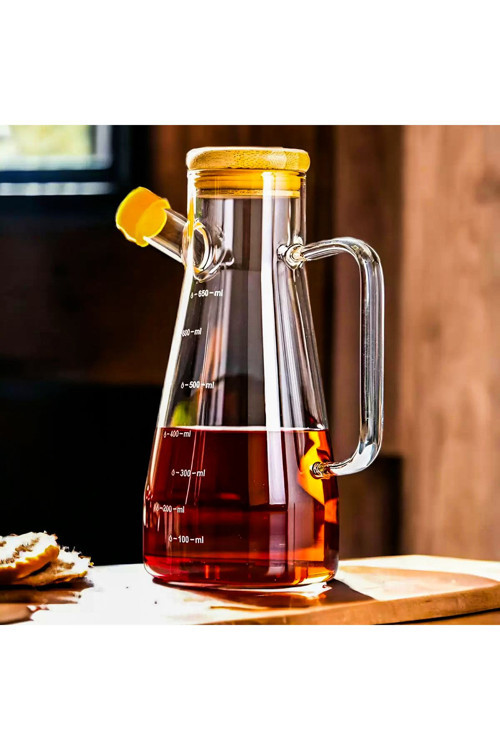 Yağdanlık Cam Şişe 900 Ml Bambu Vakumlu Kapak Ahşap Stantlı Tekli