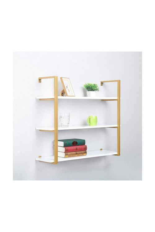 Tasnia Gold Metal Ahşap Duvar Rafı 90Cm 3 Katlı