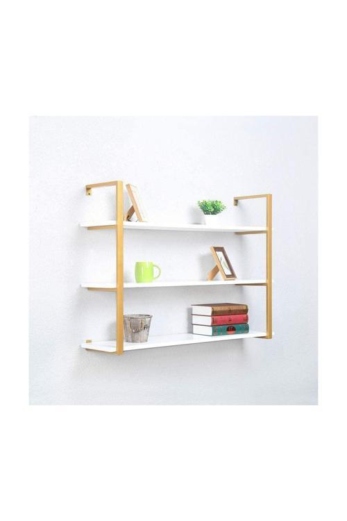 Gold Metal Ahşap Duvar Rafı 120Cm 3 Katlı