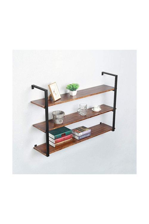 Tasnia Siyah Metal Ahşap Duvar Rafı 120Cm 3 Katlı