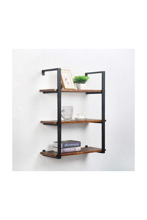 Tasnia Siyah Metal Ahşap Duvar Rafı 60Cm 3 Katlı
