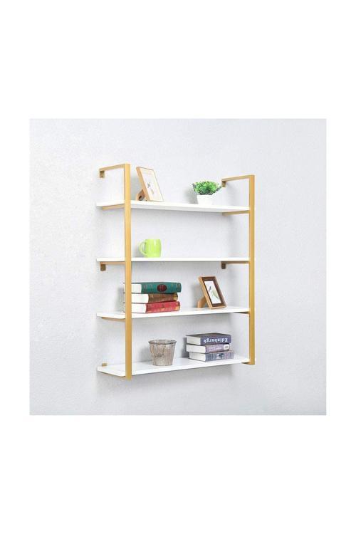 Tasnia Gold Metal Ahşap Duvar Rafı 90Cm 4 Katlı