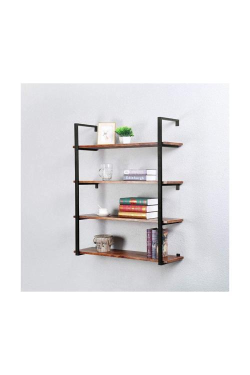 Tasnia Siyah Metal Ahşap Duvar Rafı 90Cm 4 Katlı