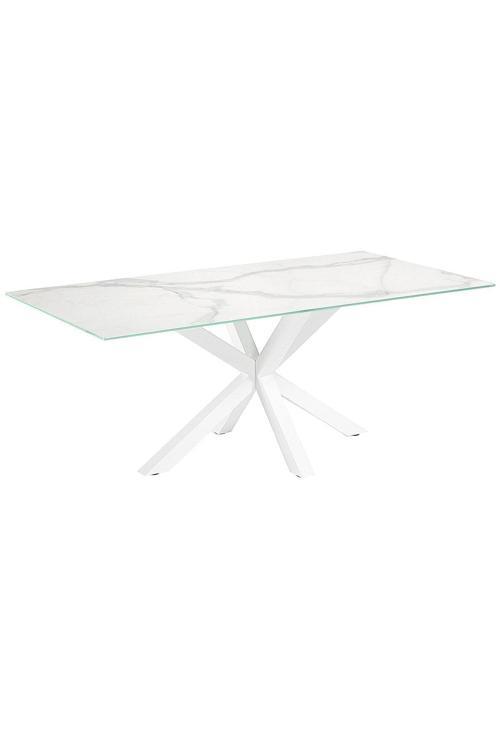 Sias Metal Cam Yemek Masası Beyaz Ayak Beyaz Mermer Desenli Cam Tabla