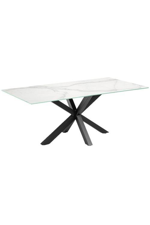 Sias Metal Cam Yemek Masası Siyah Ayak Beyaz Mermer Desenli Cam Tabla