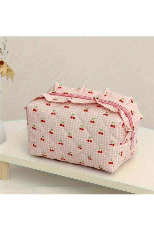 Kiraz Desenli Şık Kapitone Makyaj, Seyahat,Orginizer Çanta