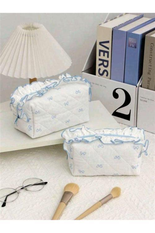 Mavi Fiyonk Desenli 2'Li Makyaj Çantası (Orta Ve Küçük)