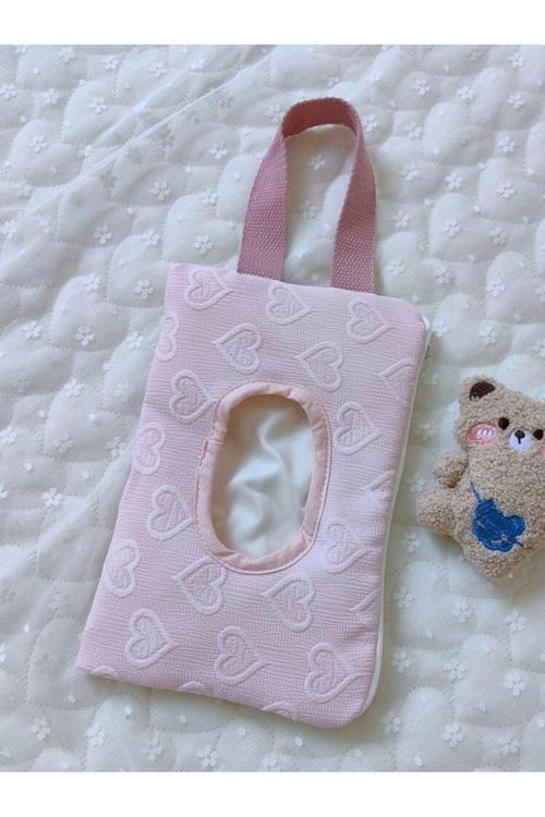 Pembe Kalp Desenli Kumaş Islak Mendil Çantası