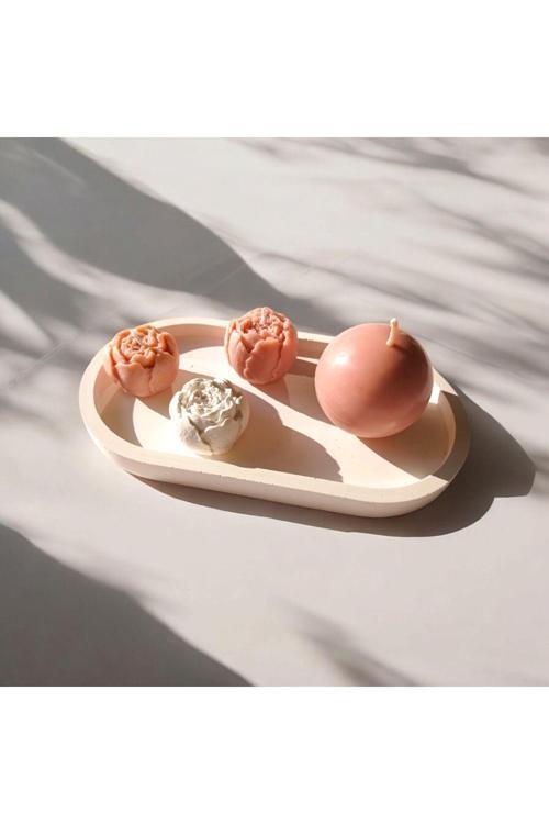 Dekoratif Tabaklı Soya Mum & Koku Taşı Seti (Pudra Pembe)