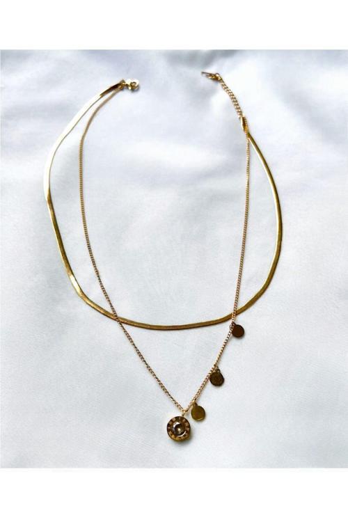 İtalyan Altın Renkli Çelik Çift Pullu Kolye