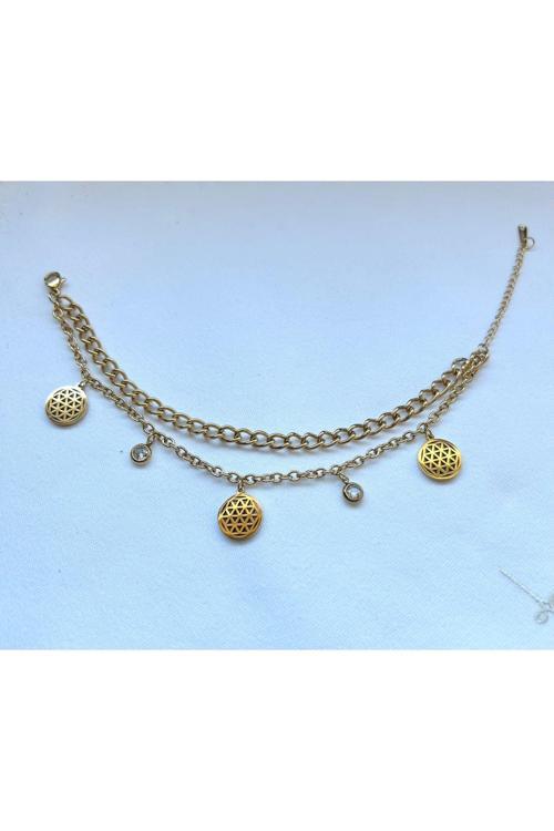 Altın Renkli Cift Zincirli Taş Ve Pul Detaylı Çelik Bileklik