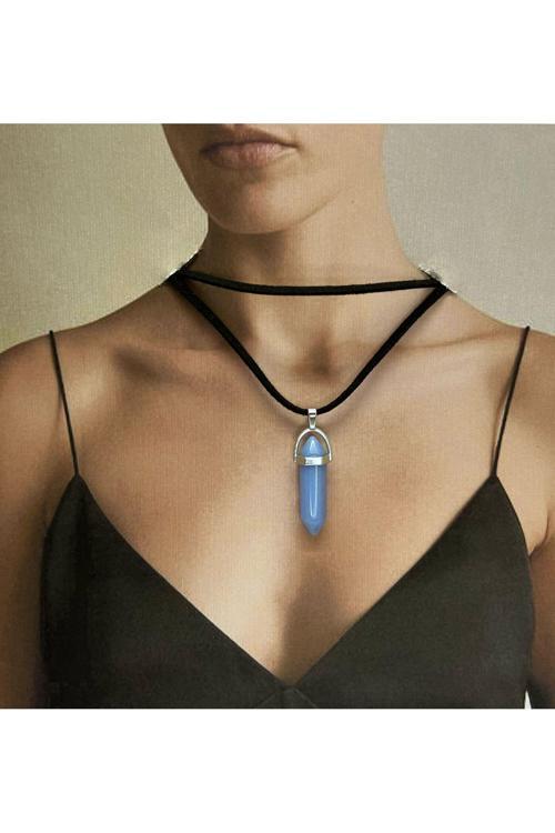 Doğal Taş Mavi Kalsedon Kolye - Karanlıkta Parlar