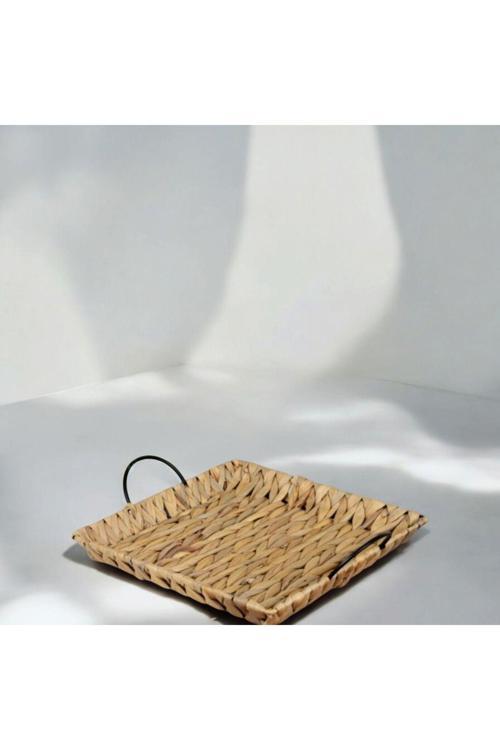 Metal Kulplu Dekoratif Hasır Servis Tepsisi, El Yapımı, Doğal Örgü