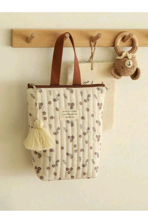 Çiçek Desenli Orginizer Püskül Detaylı Kumaş Tote Çanta