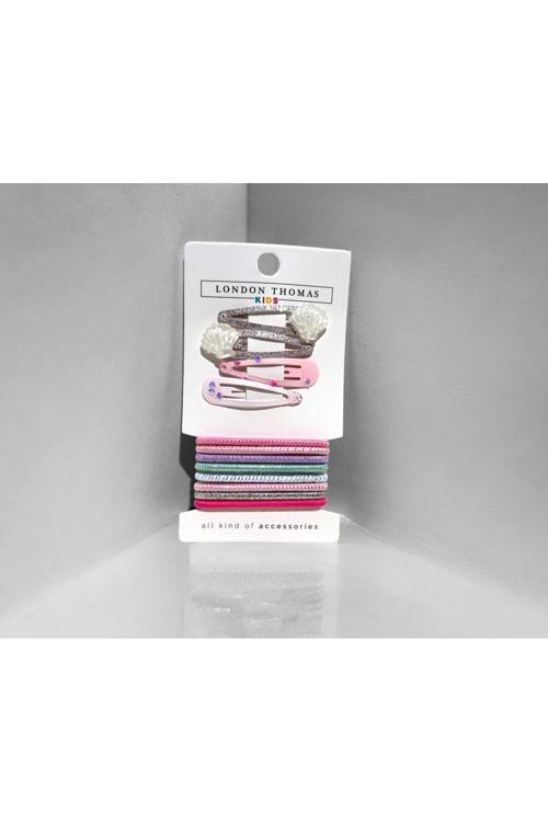 Kız Çocuk Saç Aksesuarı Seti, 4 Adet Desenli Tokalar, 10 Adet Renkli Lastik