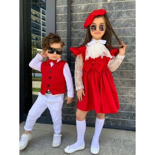 KARDEŞ KOMBİN YELEKLİ PAPYONLU ERKEK ÇOCUK TAKIM - KIRMIZI