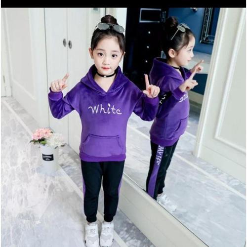 ŞERİT DETAYLI NAKIŞLI KAPİŞONLU KANGURU CEP FRANSIZ KADİFE GARSON BOY KIZ ÇOCUK EŞOFMAN TAKIMI - MOR