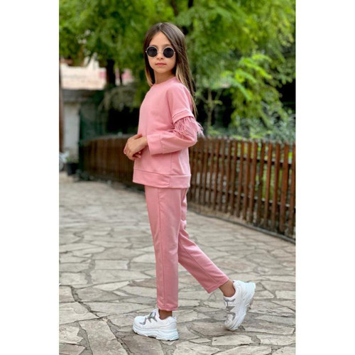 TÜY DETAY KOLLU KIZ ÇOCUK EŞOFMAN TAKIMI - PEMBE