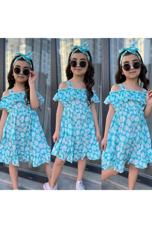 MİNT YEŞİLİ KARDEŞ KOMBİN KIZ ÇOCUK ELBİSE & BANDANA KOMBİN