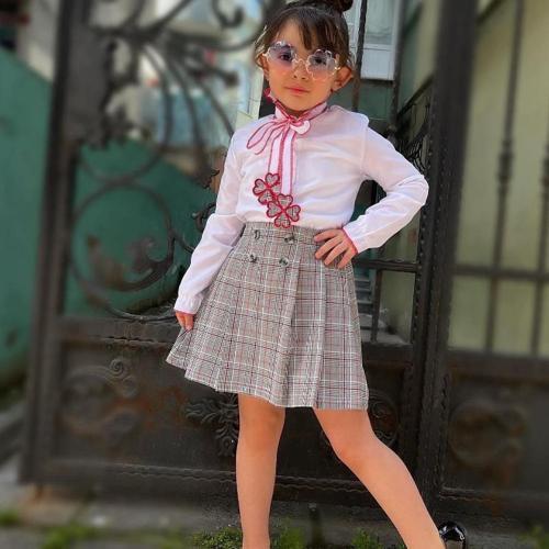 EKOSE KARDEŞ KOMBİN FIRFIR GÖMLEKLİ PAPATYA NAKIŞLI PİLELİ KIZ ÇOCUK ETEKLİ TAKIM - BORDO