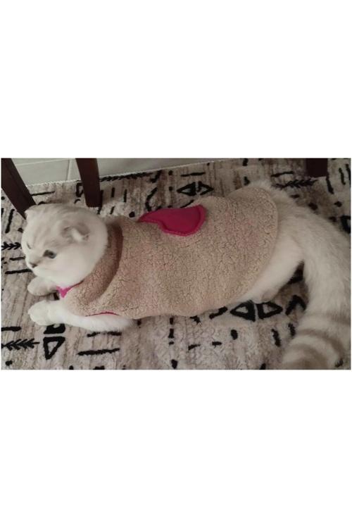 Pembe Kalpli Yumuşacık Krem Renkli Welsoft Kumaş Kedi Ve Köpek Kıyafeti Elbisesi Medium/M/Beden 2